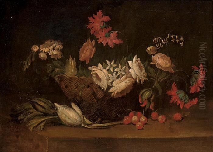 Roses, Carnations, Peonies And 
Other Flowers In A Basket, With Parsley, Tulips And Cherries On A Stone 
Ledge Oil Painting by Jan Fyt