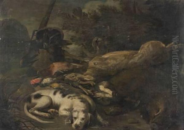 (olanda 1609-1661)
 Cane A Guardia Del Trofeo Di Caccia Nel Bosco Oil Painting by Jan Fyt