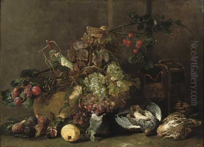 Mixed Grapes, Cherries And Plums
 By A Cauldron With Figs, An Apple,a Partridge And Four Quails Nearby Oil Painting by Jan Fyt