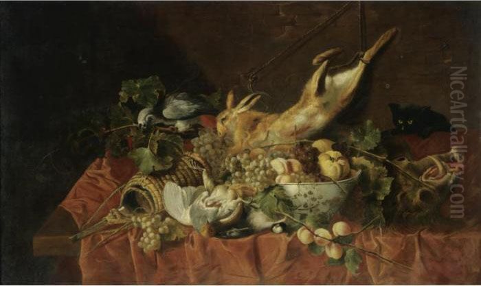 A Still Life With A Hare, A 
Partridge, A Bowl Of Fruit, A Boar's Head, A Flagon Of Wine, A Black Cat
 And A Grey Parrot, All Arranged On A Table Draped With A Red Cloth Oil Painting by Jan Fyt