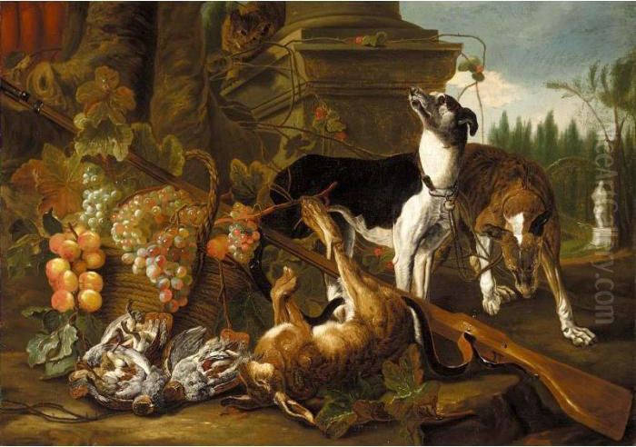 A Still Life Of Two Greyhounds, A
 Hare, A Cat And Partridges Together With A Musket And Baskets Of Fruit,
 In A Parkland Setting Oil Painting by Jan Fyt