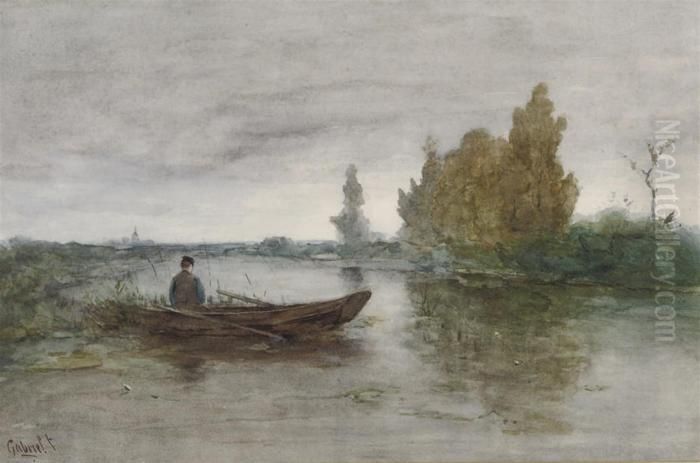 An Angler In A Polder Landscape Oil Painting by Paul Joseph Constantine Gabriel