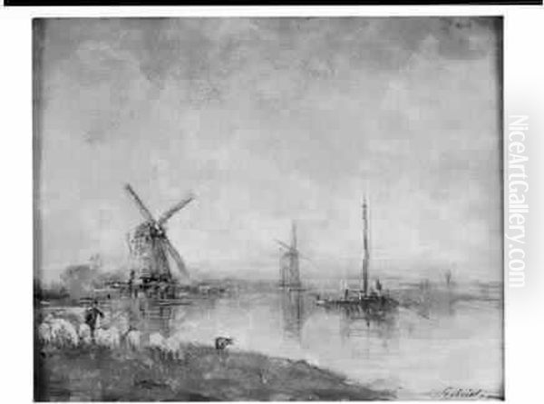 Gabriel < Paysage Au Bord De L'eau Avec Moulins > Oil Painting by Paul Joseph Constantine Gabriel