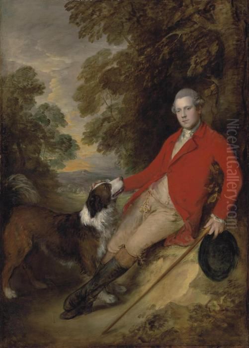 Portrait Of Philip Stanhope, 5th
 Earl Of Chesterfield (1755-1815), Full-length, In A Scarlet Coat And 
Buff Breeches, Holding A Black Hat And Stick In His Left Hand, With His 
Dog In A Landscape Oil Painting by Thomas Gainsborough