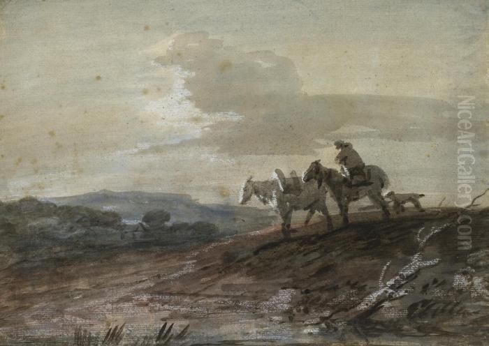 An Open Landscape At Dusk; Withfigure, Packhorse, Dog And Cottage Oil Painting by Thomas Gainsborough