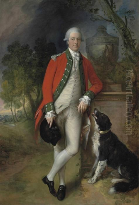 Portrait Of Colonel John Bullock
 (1731-1809), Full-length, Dressed In Military Uniform In A Landscape, 
With A Dog At His Feet Oil Painting by Thomas Gainsborough