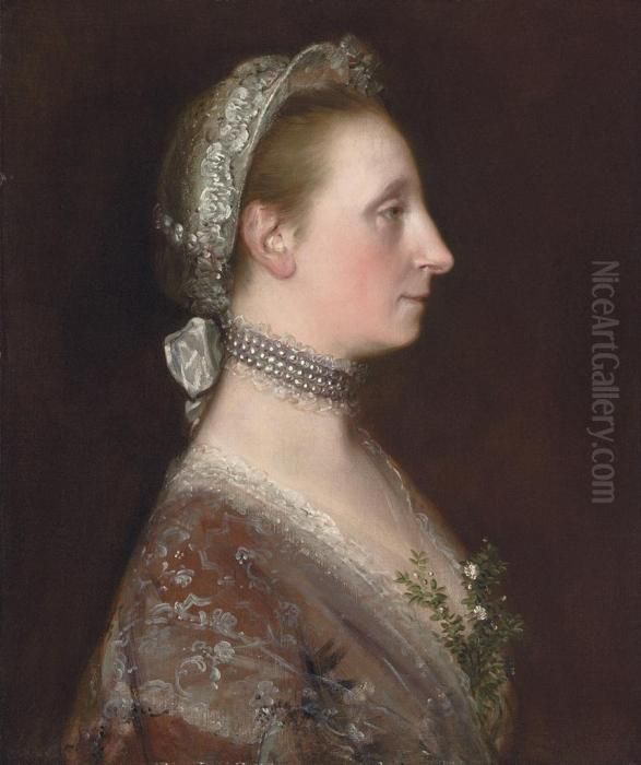 Portrait Of A Lady, Possibly 
Mary Gibbon, The Artist's Sister, Bust Length, In Profile, In A Lace 
Headdress, A Pearl Necklace And A Brown Dress, With A Tule Shawl And A 
Sprig Of Wild Flowers Oil Painting by Thomas Gainsborough