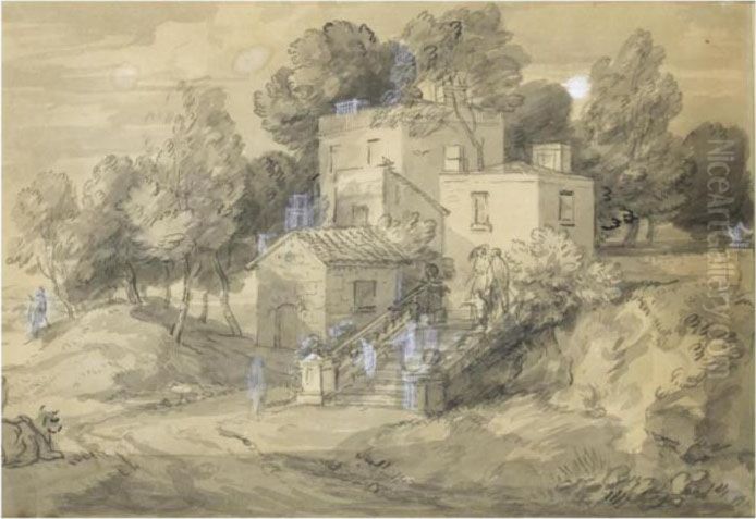 A Country House, With Figures Coming Down A Stairway Recto; A Studyof A House Verso Oil Painting by Thomas Gainsborough