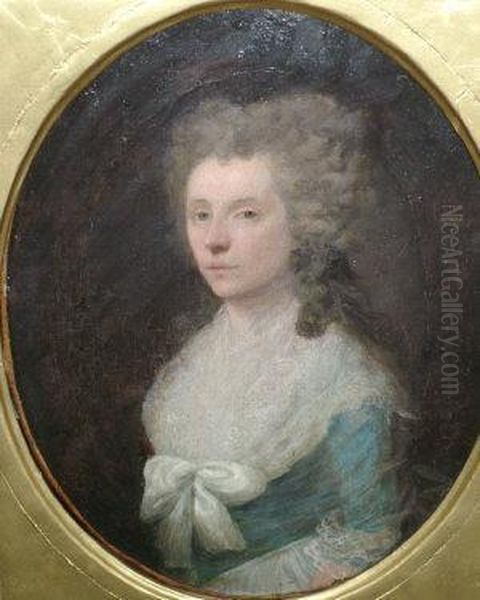 Portrait Of A Lady Standing 
Half-length Turned To The Left In A Blue Dress With White Lace Oil Painting by Thomas Gainsborough