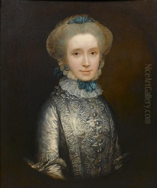 Portrait Of Lady Caroline Draper
 (circa 1730-1769), Half-length, In A Blue Dress With A White Lace Cap 
Held With Blue Ribbons, In A Painted Oval Oil Painting by Thomas Gainsborough