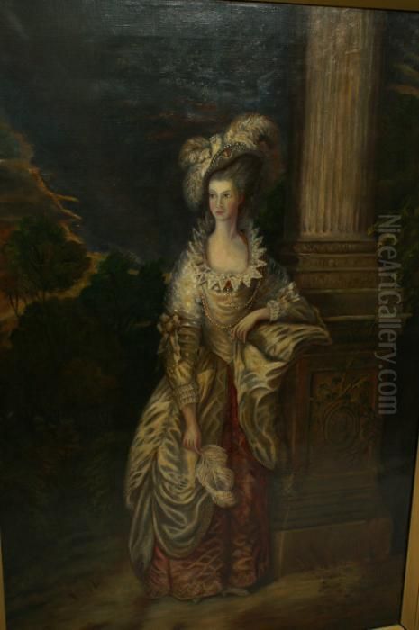 Elegant Lady Wearing Feathered 
Hat And Pearl Adorned Costume, Beside A Classical Column In A Landscape Oil Painting by Thomas Gainsborough