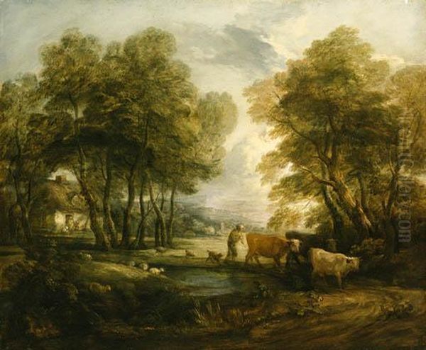 A Wooded Landscape With 
Herdsmen, Cows And Sheep Near A Pool,figures Outside A Cottage Beyond Oil Painting by Thomas Gainsborough