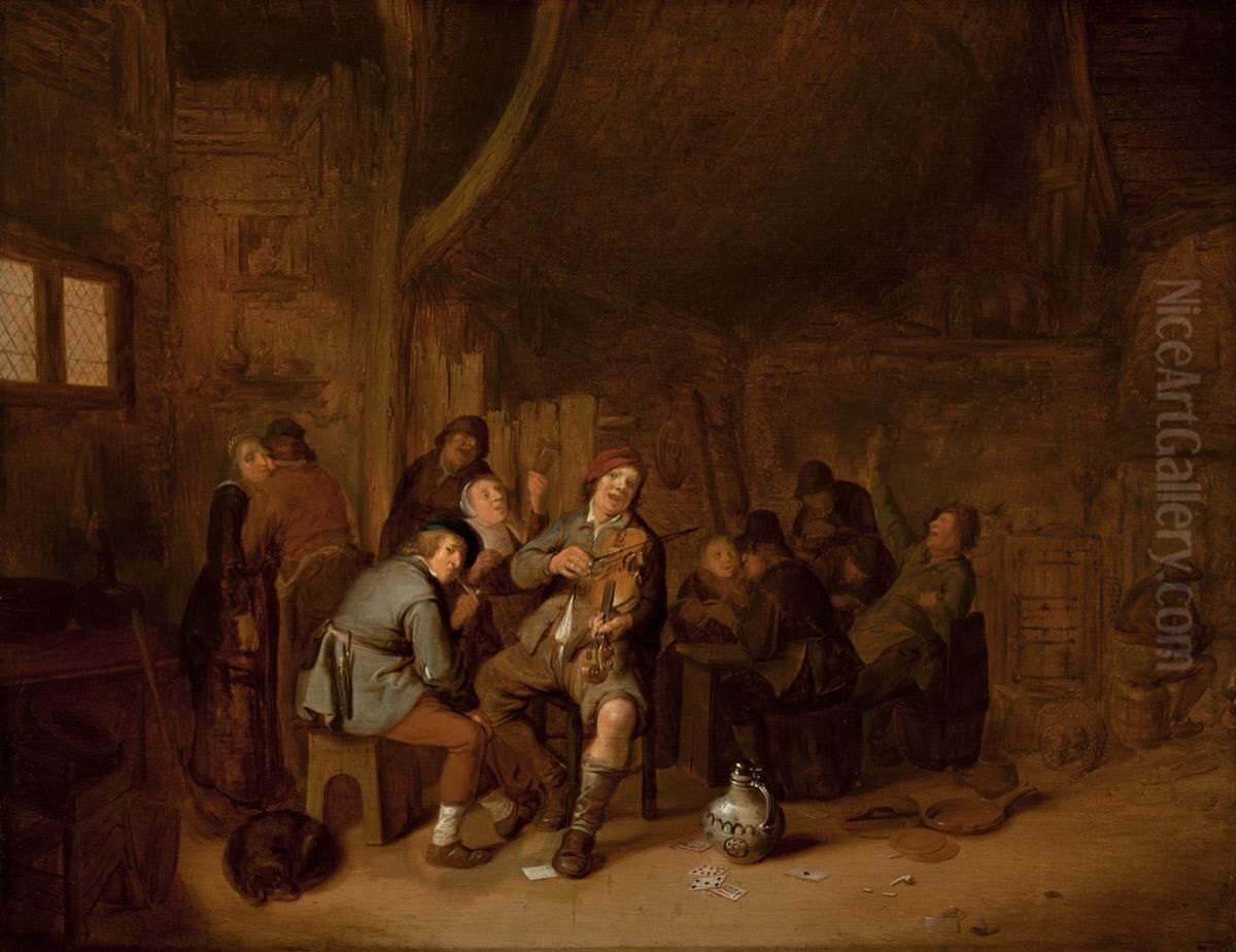 Figures smoking and playing Music in an Inn Oil Painting by Jan Miense Molenaer