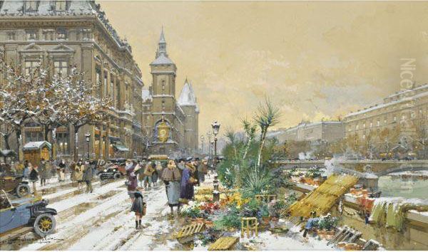 Le Quai Aux Fleurs Et La Conciergerie Oil Painting by Eugene Galien-Laloue