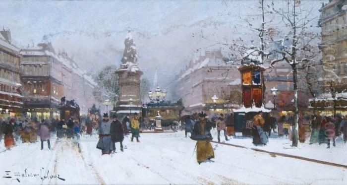 Paris, La Place De La Republique Sous La Neige Oil Painting by Eugene Galien-Laloue