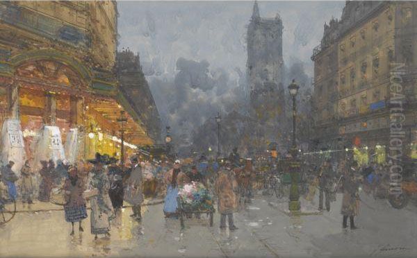 Paris, Rue De Rivoli, Avec La Tour Saint Jacques Oil Painting by Eugene Galien-Laloue