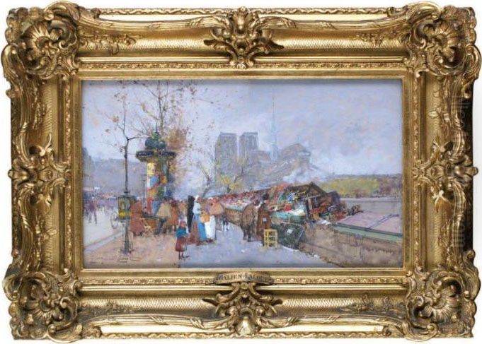 Paris, 
Les Bouquinistes En Automne Oil Painting by Eugene Galien-Laloue