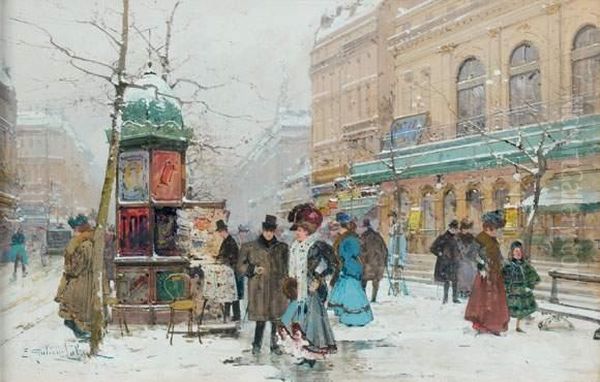 Les Grands Boulevards Sous La Neige Oil Painting by Eugene Galien-Laloue