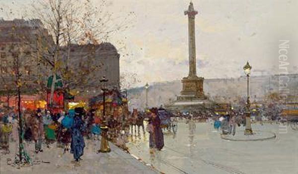 Parigi - Veduta Della Piazza Della Bastiglia Oil Painting by Eugene Galien-Laloue