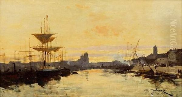 Bateaux A Quais Oil Painting by Eugene Galien-Laloue
