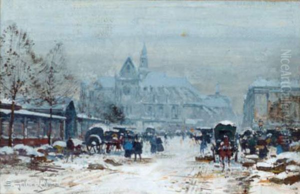 Ecole Francaise
 ?les Halles Aux Fleurs? Oil Painting by Eugene Galien-Laloue