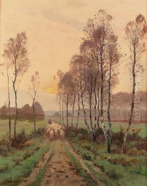 Abendliche Landschaft Mit Schafer Und Seiner Herde. Oil Painting by Eugene Galien-Laloue