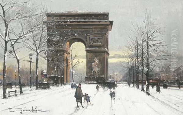L'arc De Triomphe Sous La Neige Oil Painting by Eugene Galien-Laloue