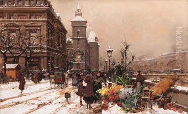 Quai Aux Fleur Oil Painting by Eugene Galien-Laloue