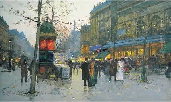 <boulevards Animes Au Crepuscule> .
 Gouache Sur Carton Mince Signee En Bas A Gauche Oil Painting by Eugene Galien-Laloue