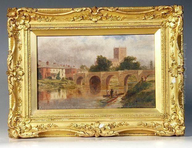 Hereford Castle With Stone 
Bridge And Boats In The Foreground Together With A Summer Boating Scene Oil Painting by Robert Gallon