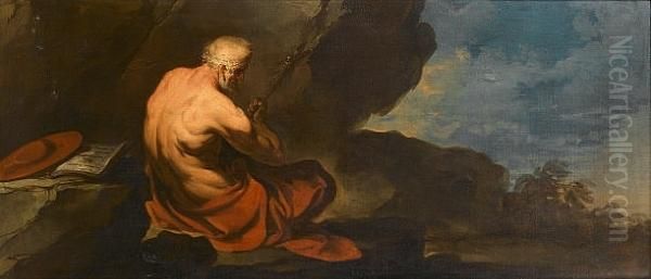 Saint Jerome Holding A Crucifix 
In The Wilderness; And The Magdalene Reading In A Landscape Oil Painting by Gaetano Gandolfi