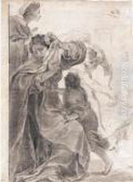 A Woman And A Child Turning Away
 From An Executioner, With Another Standing Female Figure Oil Painting by Gaetano Gandolfi