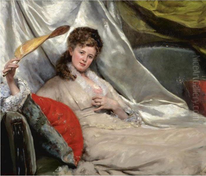 Mujer Con Abanico (reclining Woman With Fan) Oil Painting by Eduardo Leon Garrido