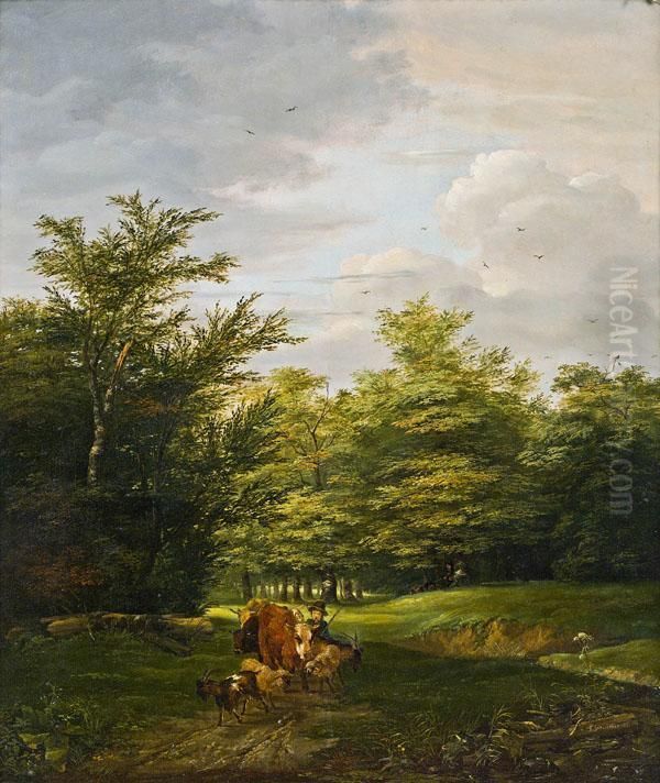 Landschaft Mit Knaben Und Tieren Oil Painting by Friedrich Gauermann