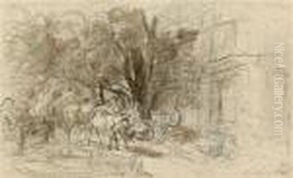 Hirtenfamilie Mit Tieren An Einer Tranke Oil Painting by Friedrich Gauermann