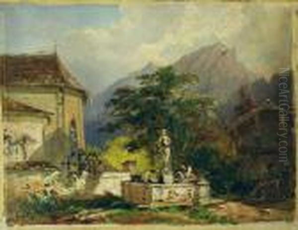 Dorfbrunnen Bei Einer Kirche. Oil Painting by Friedrich Gauermann