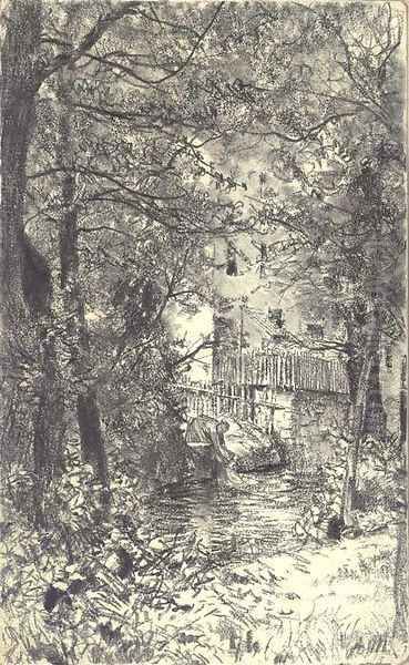 A washerwoman in a forest by a stream Oil Painting by Adolph von Menzel