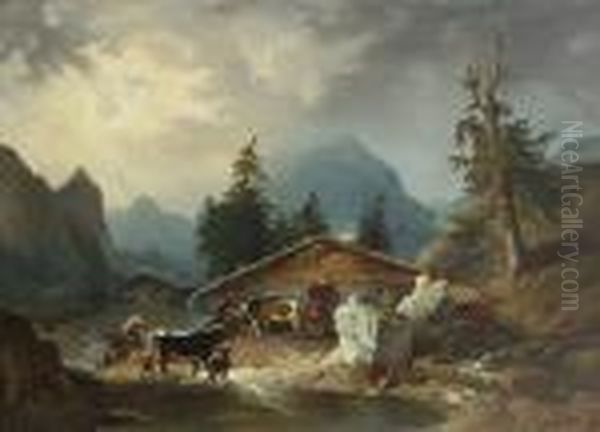 Seeauer Alpenhutte Im
 Regen. Oil Painting by Friedrich Gauermann