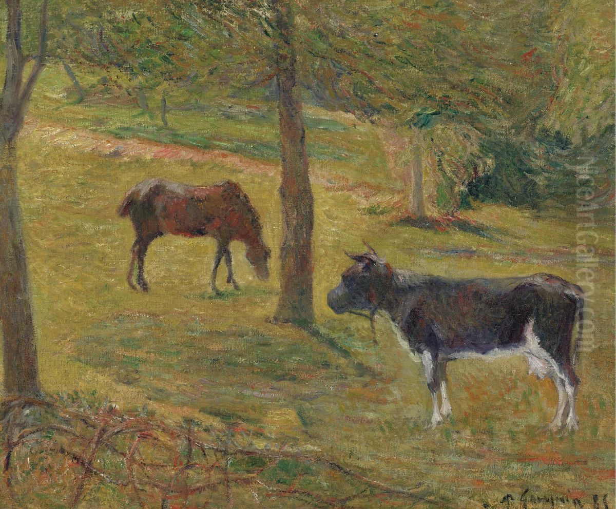 Vache Et Cheval Dans Un Pre Oil Painting by Paul Gauguin