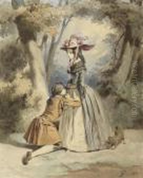 A Gentleman Kneeling, 
Kissing A Lady's Hands Oil Painting by Paul Gavarni