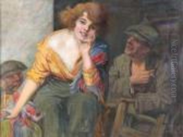 A Young Lady With Two Admirers Oil Painting by Richard Geiger