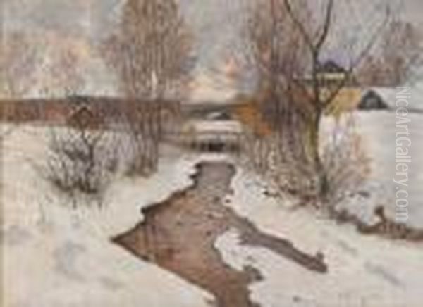 Aftonstamning I Bruksmiljo - Vintermotiv Oil Painting by Anton Genberg