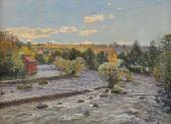 Sommarlandskap Med Fors Och Kvarnbyggnad Oil Painting by Anton Genberg