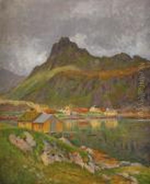 Norskt Fjordmotiv Med Fiskelage Oil Painting by Anton Genberg