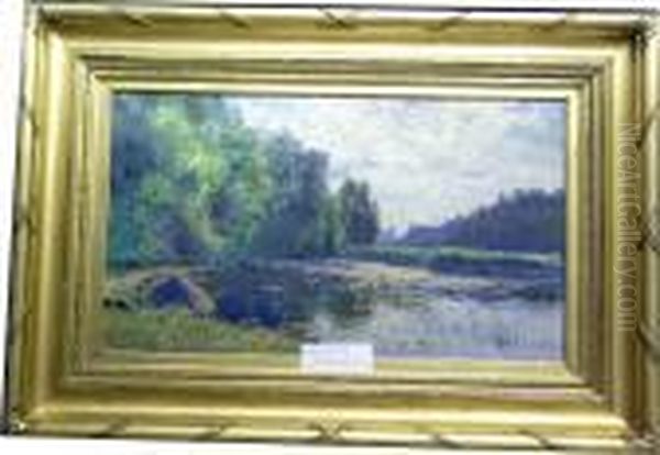 Sommarlandskap Med Figur I Eka, 
 Enligt Uppgift I Gava Av Konstnaren Till Gjutaren Otto Meyer. Oil Painting by Anton Genberg