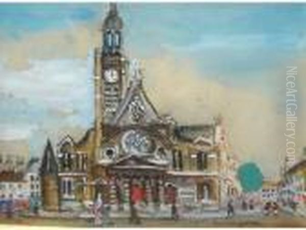 L Eglise Saint-etienne Du Mont A
 Paris Aquarelle Gouachee Surpapier Signee En Bas A Droite 19 Oil Painting by Lucien Genin