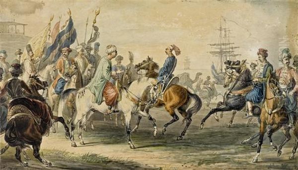 Oriental Horsemen At A Harbour Oil Painting by Theodore Gericault