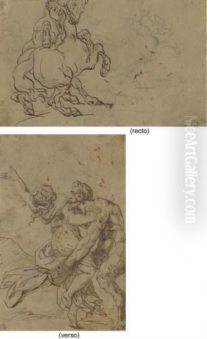 Two Horses Fighting, With A 
Subsidiary Study Of The Same (recto); Asatyr Abducting A Nymph (verso) Oil Painting by Theodore Gericault