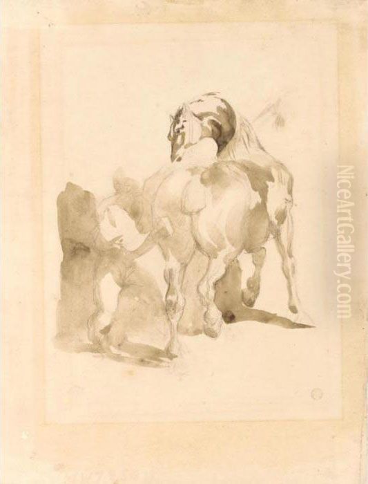 Horse With Groom (
Cheval Soigne Par Son Palefrenier) Oil Painting by Theodore Gericault