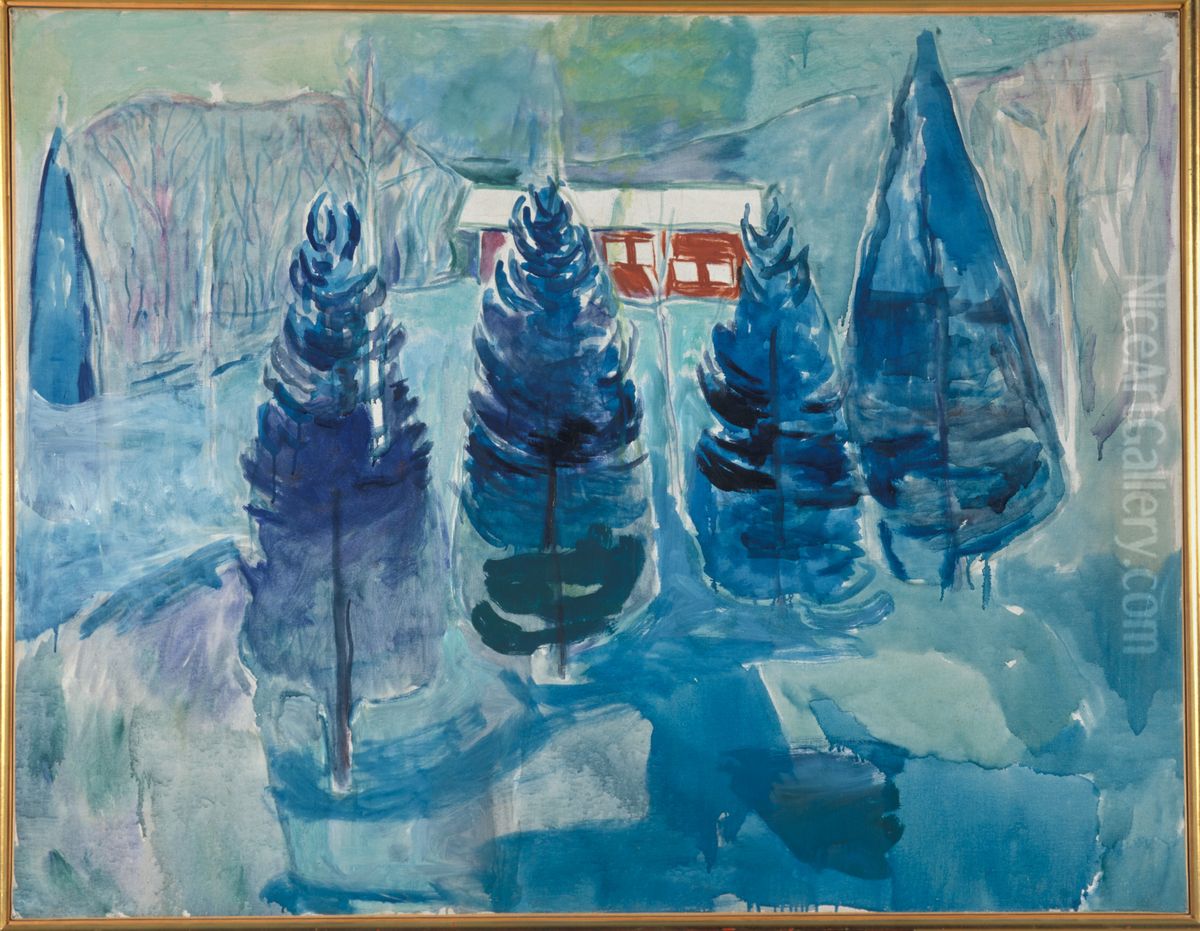Red House and Spruces Oil Painting by Edvard Munch